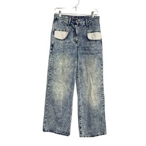 Flamingo Acid Wash Wide Leg‎ Jeans High Waist White Pocket Denim Pants